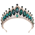 Close-up of vintage gold bridal tiara with marquise green crystals and white diamonds - Gold/Green Stone