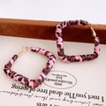 Vintage gold square earrings with pink and black leopard print fabric texture - 75# Silver Earring Post - Pink - Pink Black Leopard Woven Square Hoop