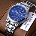Men's waterproof quartz watch with silver steel strap and blue dial in premium box - Sport Silver Band Blue Dial