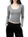 Detailed close-up of a grey slim-fit U-neck long sleeve modal t-shirt texture and fit - XS / Light Heather Grey