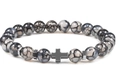 Detail of hematite cross charm and grey cracked beads on a men's beaded bracelet - Dragon Vein Agate Style
