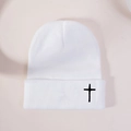 White knit beanie with black cross embroidery in minimalist street fashion style - One Size / White