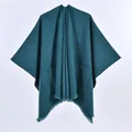 Deep green knit shawl poncho with elegant tassel fringe and large practical pockets - Single Color with Pocket and Frayed Edge / Lake Blue