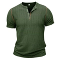 Dark green waffle knit Henley t-shirt for men with orange contrast stitching details - S / Army Green