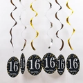 Decorazioni per il 16° compleanno con riccioli in PVC e cartellini Happy Birthday oro e argento - Età 16 Spirali Singole Nero Oro Argento