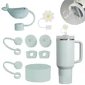 Light blue insulated tumbler with whale and daisy silicone straw covers and accessories - Light Blue Whale & Daisy Set
