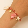 Bracciale bohémien con conchiglia e stella marina in cordino intrecciato rosso e bianco - Rosso 0643