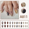 Set unghie finte lunghe a mandorla con motivi geometrici astratti color nudo e marrone - Tipo di Colla A811