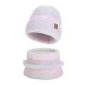Winter light grey and pink striped knit beanie and loop scarf set with soft texture - Two-Piece Set / Pink