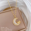 Detail of crescent moon pendant with shell inlay and cubic zirconia on 40+5cm chain - A420 Titanium Steel Chain Copper Pendant
