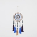 Boho evil eye dreamcatcher wall hanging with blue and brown cotton tassels and wooden beads - 9545I Without Wood Stick