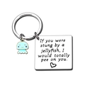 Porte-clés en acier inoxydable avec méduse bleue et pendentif carré gravé humoristique - Style de message d'humour méduse bleue (JR27)