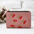 Pink cherry embroidered short wallet with lychee texture and gold zipper closure - Deep Pink