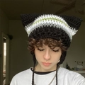 Handmade knitted cat ear beanie with black white and green stripes for women - Adult 56-59cm / Black White Grey Green