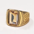 Golden stainless steel signet ring featuring a large amber gemstone and engraved leaf patterns - Gold Champagne Gem