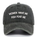 Detail of Women Want Me Fish Fear Me 3D embroidery on washed charcoal baseball cap - One Size(Adjustable) / Army Green