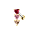 Detailed view of golden heart stud earring with pink and champagne gradient gemstones - Straight Bar With Ball Back Earring / Gold Color Cartilage Stud