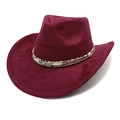 Close-up of burgundy suede cowboy hat with turquoise feather and snakeskin band - M (56-58cm) / Burgundy