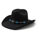 Chapeau de cowboy classique en laine noire avec bande de perles turquoise et boucle vintage - M(56-58cm) / Noir