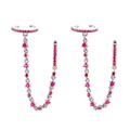 Silver ear cuff and hoop set with pink zircon stones connected by a long fine chain - Silver with Red Gemstone Ear Cuff Chain Earring