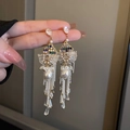 Macro shot of vintage long drop earrings with crystals, pearls and silver tassels - Retro Palace Rhinestone Pearl Tassel (24# Silver Needle)