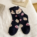 Soft black coral fleece bed socks with cute pink strawberry and beige bear patterns - One Size / Black