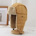 Khaki aviator hat with faux shearling lining and goggles on a wooden display stand - One Size / Single Hat / Khaki