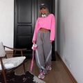Women's loose grey wide-leg sports trousers with white side stripes and pink top - S / Gray