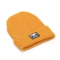 Detailed close-up of a ribbed knit beanie in bright yellow with a black embroidery tag - One Size / Yellow