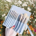 Light blue 9pcs makeup brush set with rose gold ferrules and a blue faux leather pouch - 10Pcs Blue Bridge Small Set + Insert Bag