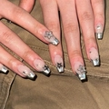 Y2K long ballerina press-on nails with silver mirror french tips and 3D star charms - Long Coffin Rhinestone Star Style / Silver French Star Style (JP2746)