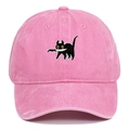 Pink washed cotton baseball cap featuring an embroidered black cat with a knife pattern - Adjustable / Pink
