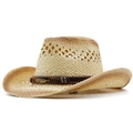 Détail d'un chapeau de cowboy en paille tressée avec aérations et pendentif plume perlé - M (56-58cm) / Ajouré Beige Kaki