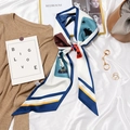 French vintage skinny silk scarf with poker card print and portrait on white background - #400 Portrait Poker Navy Blue Border