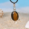 Brown tiger eye stone turtle pendant necklace on a black leather cord for beach style - Tiger's Eye