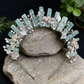 Macro detail of crown headband with natural rose quartz stones and pearl leaf accents - Amazonite Silver Wire Silver Headband Silver Rhinestone Flower