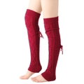 Dark red cable knit over-knee leg warmers with ribbon lacing and bow details - One Size / Burgundy