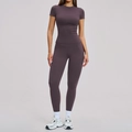 Dark mauve high-stretch yoga set with short sleeve top and high waisted leggings - S / Top And Bottom / Eggplant Purple