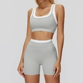 Two-piece light grey contrast yoga set with sports bra and high-waist shorts - S / Top And Bottom (Bra And Shorts) / Clay Grey