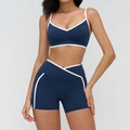 Women's navy yoga set with white contrast trim, V-neck bra and high waist shorts - S / V-Neck Strappy Bra & Shorts Set / Navy Blue