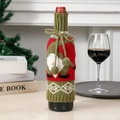 Knitted Christmas wine bottle cover with Santa Claus motif and red pompom ties - Red and Green Rudolf Style
