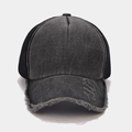 Detailed macro view of vintage distressed denim trucker hat with breathable mesh back - Adjustable / Black