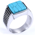 Anello in argento con turchese quadrato e incisioni vintage sulla fascia - US 7 / Stile Pietra Blu Quadrata (Acciaio 16303)