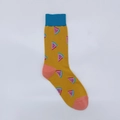 Detailed view of yellow cotton socks with colorful watermelon patterns and blue cuffs - One Size / Orange Watermelon