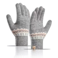 Detail view of grey knitted gloves with geometric patterns and fleece lining cuff - Light Gray