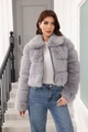 Short faux fur jacket in grey with thick plush texture and stylish lapel collar - S / Gray