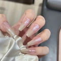 Close-up of pink gradient cat eye French press-on nails with shiny silk fabric - By1670 Milky White Gradient / Glue Type