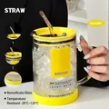 1000ml high borosilicate glass straw cup in lemon yellow with anti-slip base and lid - 1000ml / Retire Early Yellow Theme Glass Straw Coaster Set