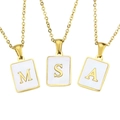 Gold rectangular pendant necklace with white shell inlay and 26 alphabet letters M, S, A - Square White Shell Fn-01 / Letter M