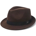 Klassieke donkerbruine wollen fedora met zwart ripslint en zilverkleurig M-logo - M (56-58cm) / koffiekleur